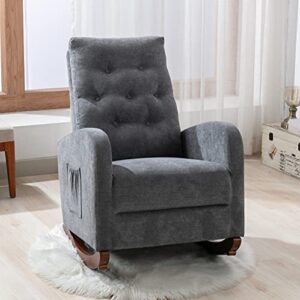 Rocking Chair Glider Chair for Nursery Comfortable Rocker Fabric Padded Seat with Side Pocket Upholstered Rocking Chairs with High Back for Living Room Baby Kids Room Bedroom (Dark Grey)