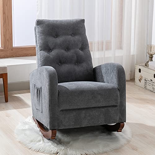 Rocking Chair Glider Chair for Nursery Comfortable Rocker Fabric Padded Seat with Side Pocket Upholstered Rocking Chairs with High Back for Living Room Baby Kids Room Bedroom (Dark Grey)