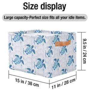 Ocean Sea Turtle Storage Basket Cube Turtoise Mermaid Sclae Large Toys Storage Box Bin with Handle Collapsible Closet Shelf Cloth Organizer for Nursery Bedroom,15x11x9.5 in,1 Pack