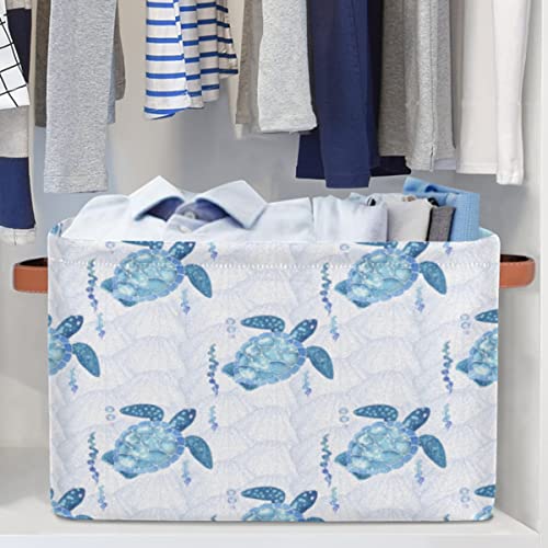 Ocean Sea Turtle Storage Basket Cube Turtoise Mermaid Sclae Large Toys Storage Box Bin with Handle Collapsible Closet Shelf Cloth Organizer for Nursery Bedroom,15x11x9.5 in,1 Pack