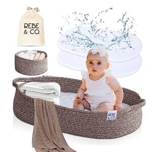 baby changing basket for baby dresser, foam pad with two waterproof covers, includes diaper organizer, table moses, changing table topper for dresser boho by rebe & co