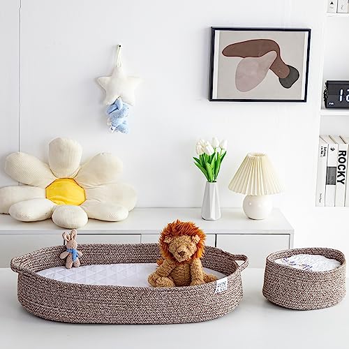 Baby Changing Basket for Baby Dresser, Foam Pad with Two Waterproof Covers, Includes Diaper Organizer, Table Moses, Changing Table Topper for Dresser Boho by REBE & CO