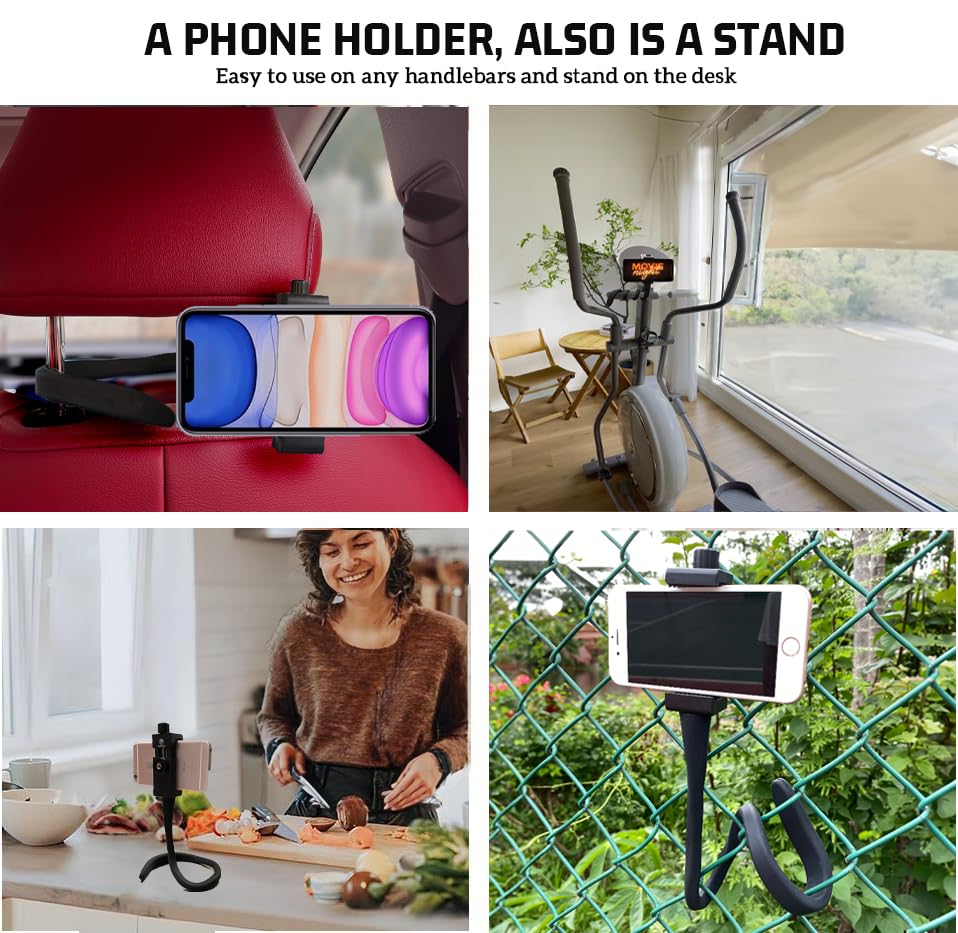 WLPREOE Stroller Phone Holder with Non-Slip Flexible Arm - Cell Phone Stand for Desk, Bed - Stable & Secure Fit on Handlebar, Treadmill, Wheelchair, Tree, Car for GoPro & Phones - One Hand Operation