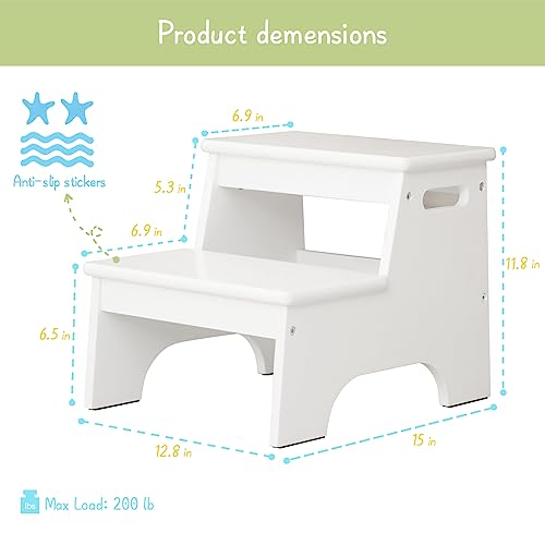 Wood Step Stool for Kids Bathroom, White Toddler Step Stool for Kitchen Counter Sink, Small Girl Boy Child 2 Step Stool for Toilet Potty Bed Nursery Bedroom, Non Slip Adult Stool for Closet