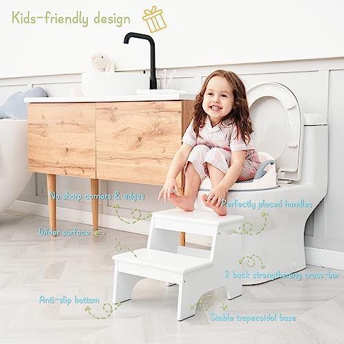 Wood Step Stool for Kids Bathroom, White Toddler Step Stool for Kitchen Counter Sink, Small Girl Boy Child 2 Step Stool for Toilet Potty Bed Nursery Bedroom, Non Slip Adult Stool for Closet