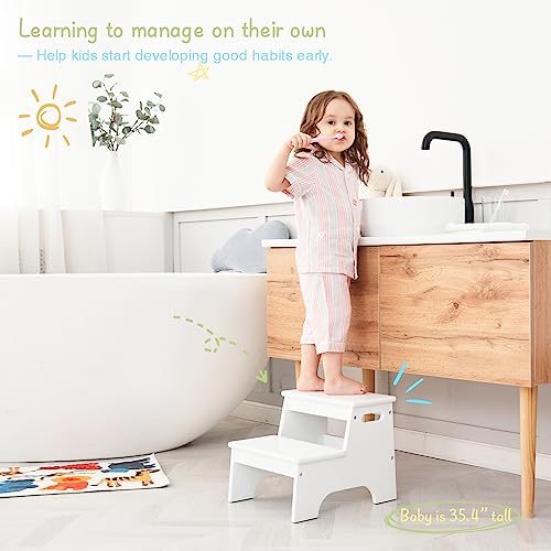 Wood Step Stool for Kids Bathroom, White Toddler Step Stool for Kitchen Counter Sink, Small Girl Boy Child 2 Step Stool for Toilet Potty Bed Nursery Bedroom, Non Slip Adult Stool for Closet