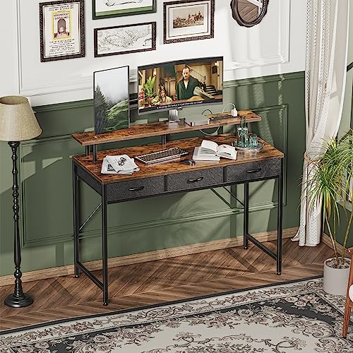 Huuger 47 inch Computer Desk with LED Lights & Power Outlets, Gaming Desk Home Office Desk with Storage Drawers, Rustic Brown