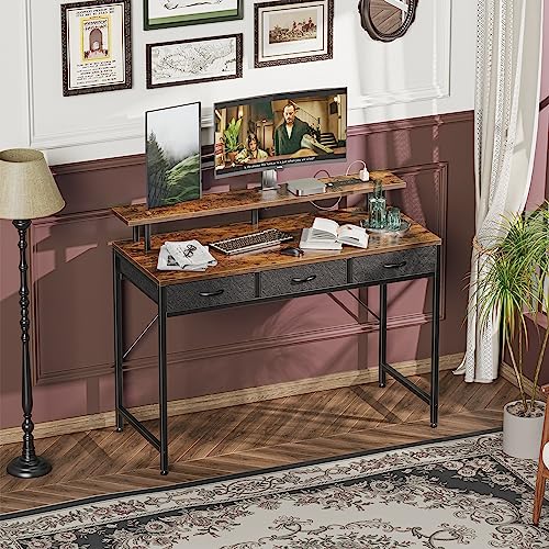 Huuger 47 inch Computer Desk with LED Lights & Power Outlets, Gaming Desk Home Office Desk with Storage Drawers, Rustic Brown