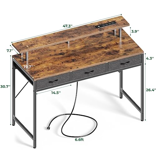 Huuger 47 inch Computer Desk with LED Lights & Power Outlets, Gaming Desk Home Office Desk with Storage Drawers, Rustic Brown