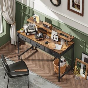 Huuger 47 inch Computer Desk with LED Lights & Power Outlets, Gaming Desk Home Office Desk with Storage Drawers, Rustic Brown