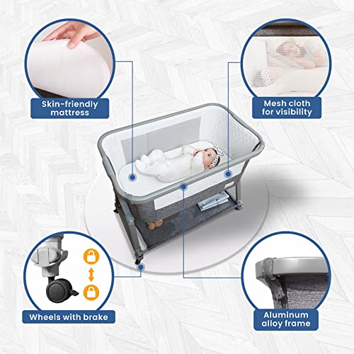 Baby Bassinet Bedside Sleeper for Baby, Foldable Bedside Crib, Li’l Pengyu Free-Installation Foldable Bedside Co-Sleeper with Rocking Cradle Mode, Come with Comfy Mattress& Portable Bag