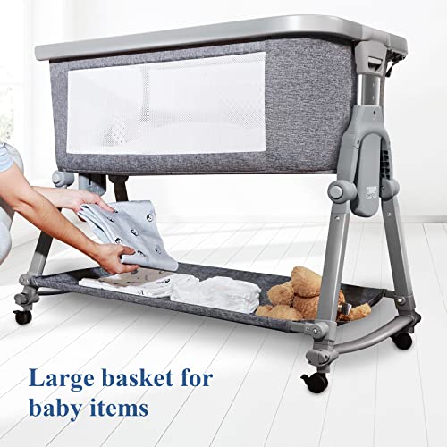 Baby Bassinet Bedside Sleeper for Baby, Foldable Bedside Crib, Li’l Pengyu Free-Installation Foldable Bedside Co-Sleeper with Rocking Cradle Mode, Come with Comfy Mattress& Portable Bag