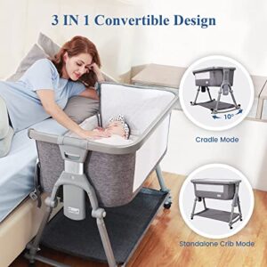 Baby Bassinet Bedside Sleeper for Baby, Foldable Bedside Crib, Li’l Pengyu Free-Installation Foldable Bedside Co-Sleeper with Rocking Cradle Mode, Come with Comfy Mattress& Portable Bag