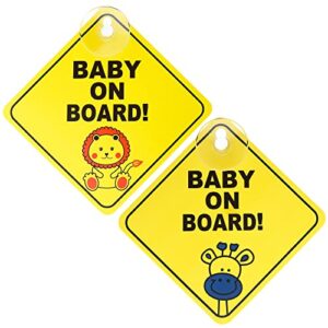 tiesome 2 pcs baby on board car warning, baby on board sticker sign for car warning with suction cups, baby in car sticker for car window cling reusable baby on board sticker decal (giraffe + lion)