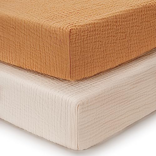 Muslin Crib Sheets for Girls and Boys, Cotton Boho Neutral Fitted Baby Crib Sheet for Standard Crib Mattress & Toddler Bed Mattress (52"x28"), Soft and Breathable, 2 Pack (Retro Yellow&Beige)