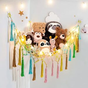 dremisland stuffed animal toy hammock with fairy lights macrame rainbow toy net hammock with wood beads tassels-stuff animals organizer storage toy net holder for nursery play room, kids bedroom