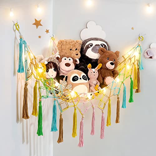 Dremisland Stuffed Animal Toy Hammock with Fairy Lights Macrame Rainbow Toy Net Hammock with Wood Beads Tassels-Stuff Animals Organizer Storage Toy Net Holder for Nursery Play Room, Kids Bedroom