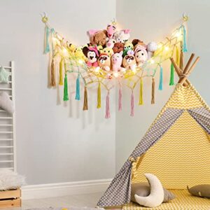 Dremisland Stuffed Animal Toy Hammock with Fairy Lights Macrame Rainbow Toy Net Hammock with Wood Beads Tassels-Stuff Animals Organizer Storage Toy Net Holder for Nursery Play Room, Kids Bedroom