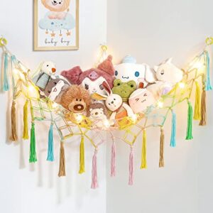 Dremisland Stuffed Animal Toy Hammock with Fairy Lights Macrame Rainbow Toy Net Hammock with Wood Beads Tassels-Stuff Animals Organizer Storage Toy Net Holder for Nursery Play Room, Kids Bedroom