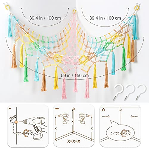 Dremisland Stuffed Animal Toy Hammock with Fairy Lights Macrame Rainbow Toy Net Hammock with Wood Beads Tassels-Stuff Animals Organizer Storage Toy Net Holder for Nursery Play Room, Kids Bedroom