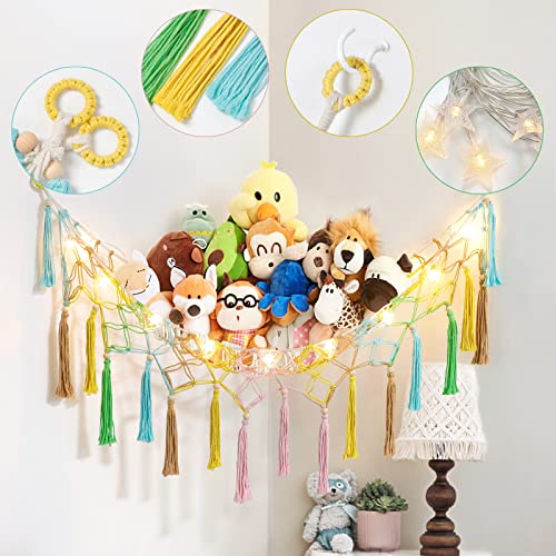 Dremisland Stuffed Animal Toy Hammock with Fairy Lights Macrame Rainbow Toy Net Hammock with Wood Beads Tassels-Stuff Animals Organizer Storage Toy Net Holder for Nursery Play Room, Kids Bedroom