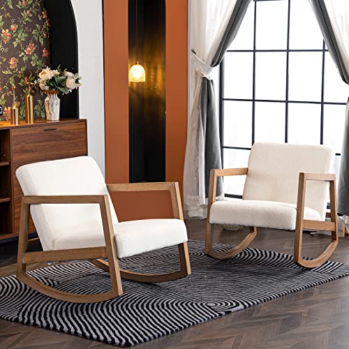 SENYUN Rocking Chair Nursery, Teddy Fabric Upholstered Glider Chair for Nursery, High Backrest Accent Chairs Rocker Wooden Armchair for Living Room, Bedroom