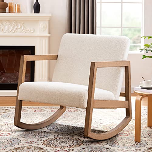 SENYUN Rocking Chair Nursery, Teddy Fabric Upholstered Glider Chair for Nursery, High Backrest Accent Chairs Rocker Wooden Armchair for Living Room, Bedroom