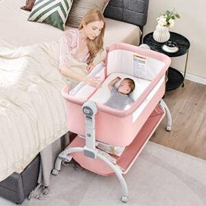 infans 3 in 1 baby bassinet, bedside sleeper, rocking cradle, easy folding portable safer co-sleeping crib with height angle adjustable, wheels storage basket travel bag for infant newborn (pink)