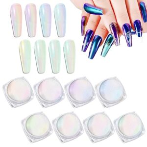 laza chameleon chrome nail powder, 8 colors glazed donut nails metallic mirror effect pigment, iridescent aurora nail glitter holographic dust kit for gel nail art decoration, gifts - colorful peacock