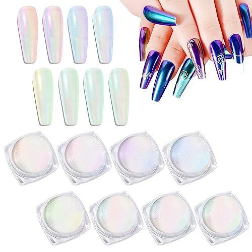 Laza Chameleon Chrome Nail Powder, 8 Colors Glazed Donut Nails Metallic Mirror Effect Pigment, Iridescent Aurora Nail Glitter Holographic Dust Kit for Gel Nail Art Decoration, Gifts - Colorful Peacock