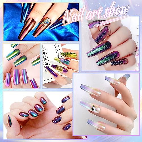 Laza Chameleon Chrome Nail Powder, 8 Colors Glazed Donut Nails Metallic Mirror Effect Pigment, Iridescent Aurora Nail Glitter Holographic Dust Kit for Gel Nail Art Decoration, Gifts - Colorful Peacock