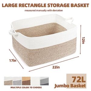 ZLG Extra Large Rectangle Storage Basket 72L Rope Blanket Basket Living Room Pillow Basket Baby Toy Organizer Woven Storage Bin for Kids with Handles Dirty Clothes Storage Hamper, 22 x 17 x 12 inches