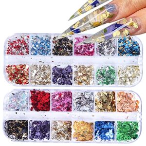 songjie 24 grid holographic nail art foil flakes, 3d glitter decoration holographic aluminum nail foil flakes stickers diy design accessories nail art supplies women gold nail decals nail sequins