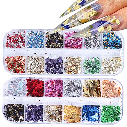 SONGJIE 24 Grid Holographic Nail Art Foil Flakes, 3D Glitter Decoration Holographic Aluminum Nail Foil Flakes Stickers DIY Design Accessories Nail Art Supplies Women Gold Nail Decals Nail Sequins