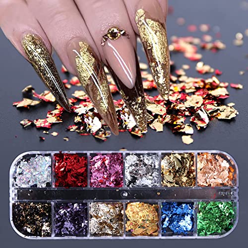 SONGJIE 24 Grid Holographic Nail Art Foil Flakes, 3D Glitter Decoration Holographic Aluminum Nail Foil Flakes Stickers DIY Design Accessories Nail Art Supplies Women Gold Nail Decals Nail Sequins