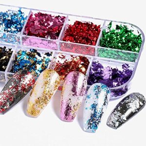 SONGJIE 24 Grid Holographic Nail Art Foil Flakes, 3D Glitter Decoration Holographic Aluminum Nail Foil Flakes Stickers DIY Design Accessories Nail Art Supplies Women Gold Nail Decals Nail Sequins