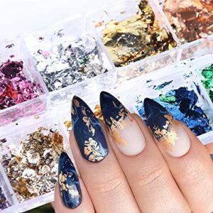 SONGJIE 24 Grid Holographic Nail Art Foil Flakes, 3D Glitter Decoration Holographic Aluminum Nail Foil Flakes Stickers DIY Design Accessories Nail Art Supplies Women Gold Nail Decals Nail Sequins