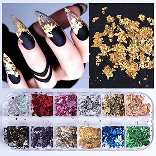 SONGJIE 24 Grid Holographic Nail Art Foil Flakes, 3D Glitter Decoration Holographic Aluminum Nail Foil Flakes Stickers DIY Design Accessories Nail Art Supplies Women Gold Nail Decals Nail Sequins