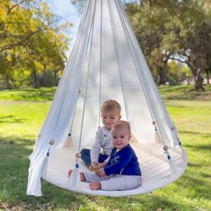 saucer swing for kids, 45 inch swing chair, outdoor tree swing, indoor nest swing tent with silky veil,disc swing set for backyard,playground, 500 lbs capacity, beige
