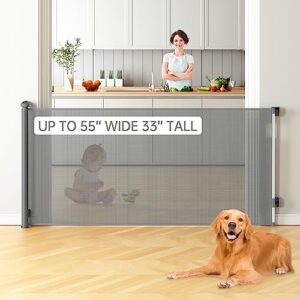 bulubaky retractable baby gates dog gates, sturdy mesh safety child gate, 33" tall extends up to 55" wide extra long sliding gate for doorway hallway stair porch gates for kids or pets indoor outdoor