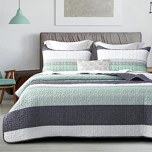 DURLENGEN Mint Green Quilt Set California King Size 3Pcs, Bohemian Design with White & Mint Green & Blue & Grey Stripes, All Season Lightweight Coverlet Sets(California King 112x104,Mint Green)