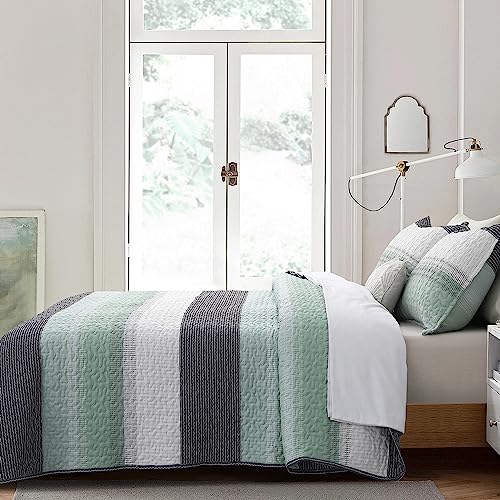 DURLENGEN Mint Green Quilt Set California King Size 3Pcs, Bohemian Design with White & Mint Green & Blue & Grey Stripes, All Season Lightweight Coverlet Sets(California King 112x104,Mint Green)