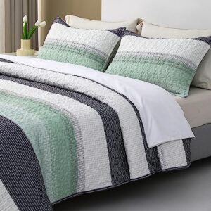 DURLENGEN Mint Green Quilt Set California King Size 3Pcs, Bohemian Design with White & Mint Green & Blue & Grey Stripes, All Season Lightweight Coverlet Sets(California King 112x104,Mint Green)