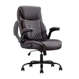 dyhome ergonomic home office desk chair brown leather tracking back lumbar support with flip-up adjustable arms high back executive office chair modern managerial big and tall home office chair