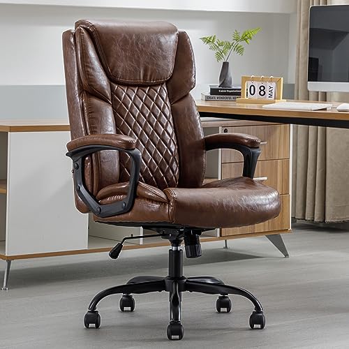 DYHOME High Back Executive Brown Leather Office Chair Ergonomic Lumbar Support, Big and Tall Comfortable Home Office Computer Desk Chair Metal Base Modern Managerial Chair