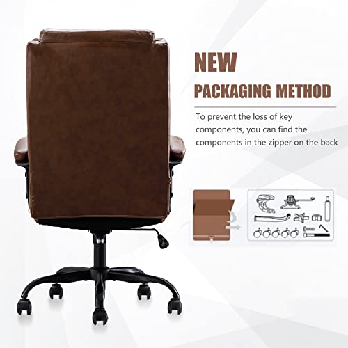 DYHOME High Back Executive Brown Leather Office Chair Ergonomic Lumbar Support, Big and Tall Comfortable Home Office Computer Desk Chair Metal Base Modern Managerial Chair