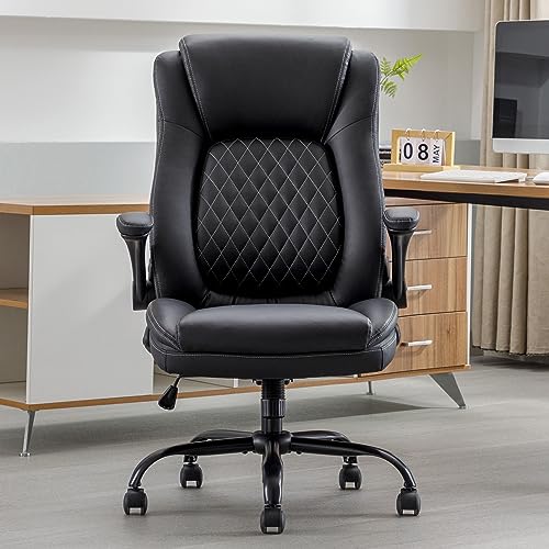 DYHOME High Back Office Chair Adjustable Lumbar Support Flip-Up Arms Black Leather Ergonomic Big and Tall Home Office Desk Computer Chair Comfortable Modern Executive Office Chair