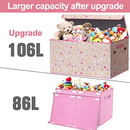 Extra Large Toy Box Chest Organizer for Girls Boys-Kids Collapsible Storage Bin Container with Sturdy Thick MDF Board,Lid and Handles for Clothes,Blanket,Nursery,Playroom,Bedroom,Stuffed Animals,Quilt(106L Pink)