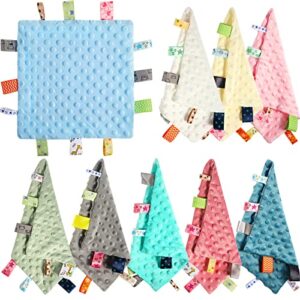 kinlop 9 pieces baby tags security blankets baby soothing plush blanket with colorful tags soft small animal nursery bed blanket for baby, square sensory toys for 3-12 months babies, 10 x 10 inch