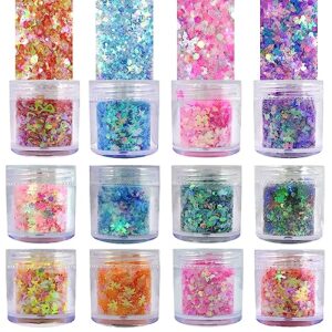 loveourhome 12 colors aurora nail glitter flakes iridescent stars heart butterfly flower shaped sequins confetti resin accessories sticker acrylic powder decor for nails, crafts, resin, makeup